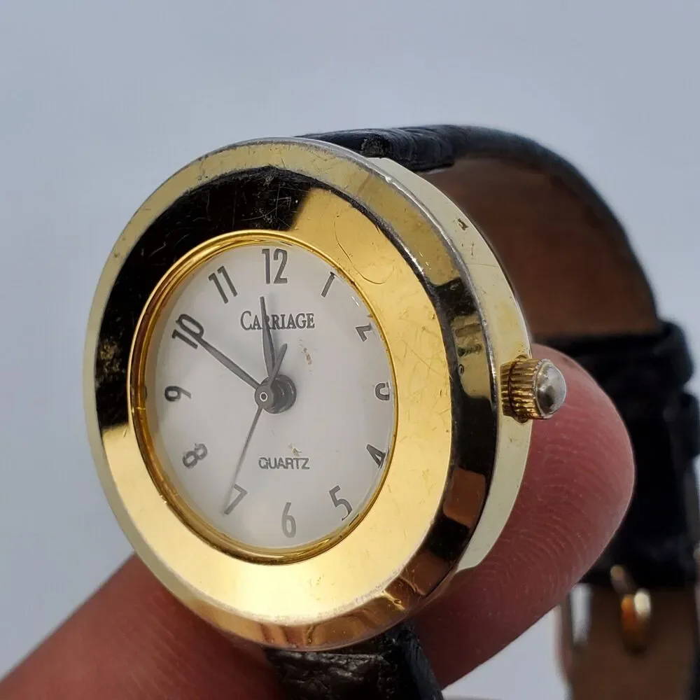Carriage Timex 27MM Women's Watch White‎ Dial Black Leather Bands New Battery